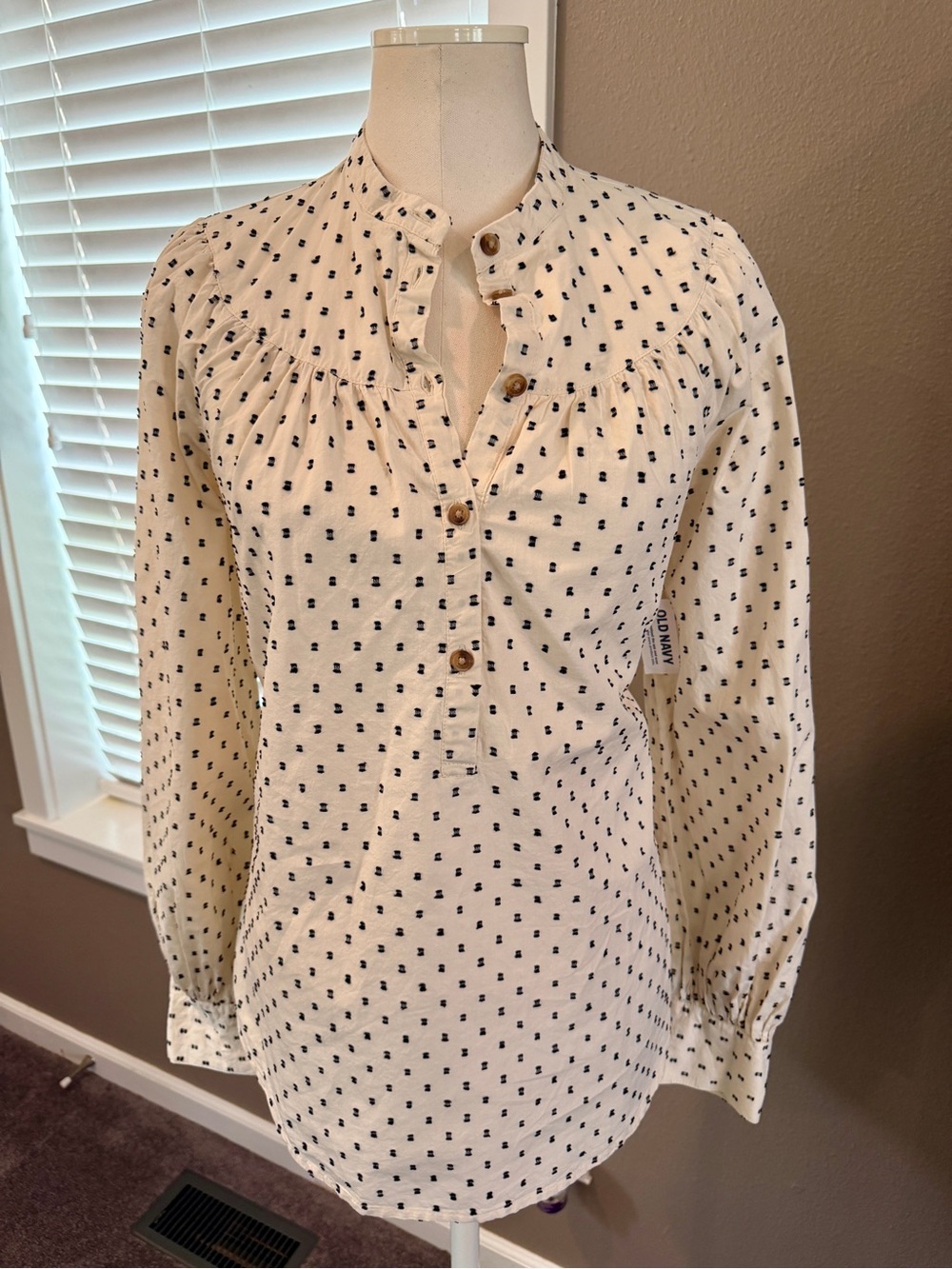 Womens Tall Cream Long-Sleeve Dot Print Henley Top